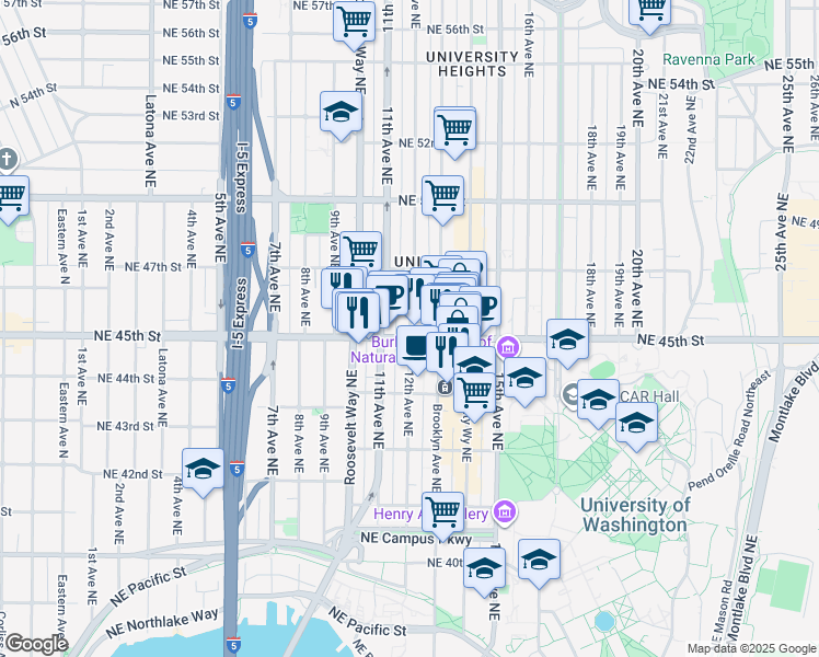 map of restaurants, bars, coffee shops, grocery stores, and more near 4535 12th Avenue Northeast in Seattle