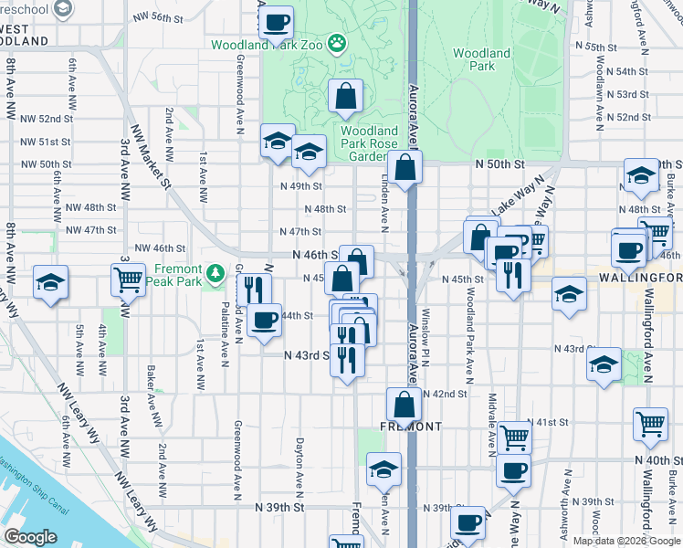 map of restaurants, bars, coffee shops, grocery stores, and more near 4425 Fremont Avenue North in Seattle