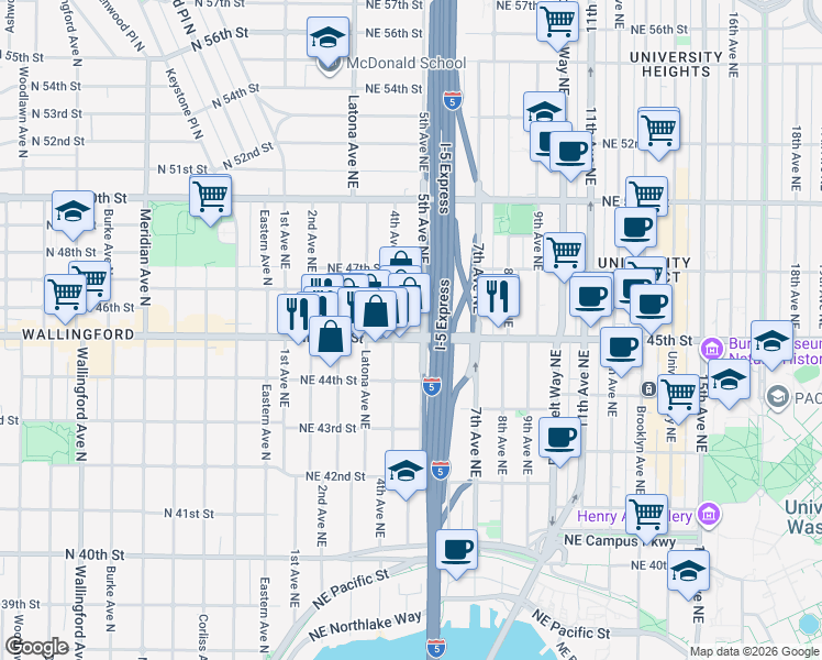 map of restaurants, bars, coffee shops, grocery stores, and more near 400 Northeast 45th Street in Seattle