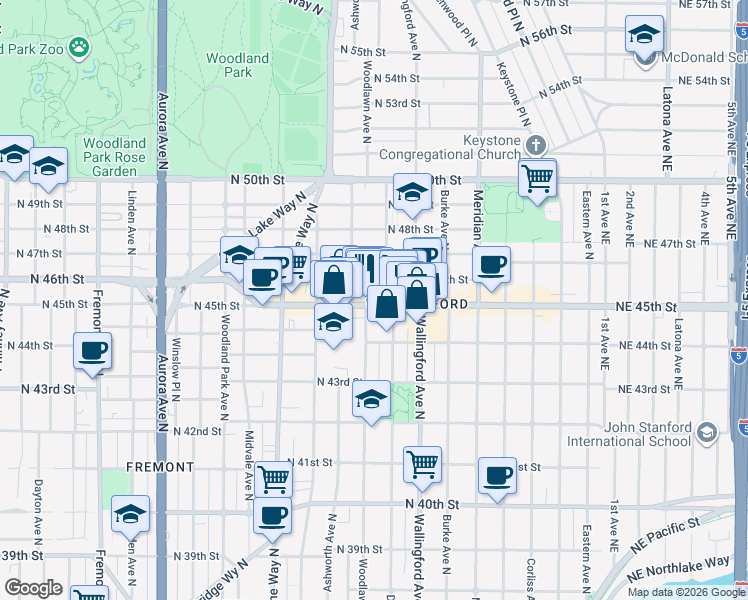 map of restaurants, bars, coffee shops, grocery stores, and more near 1618 North 45th Street in Seattle