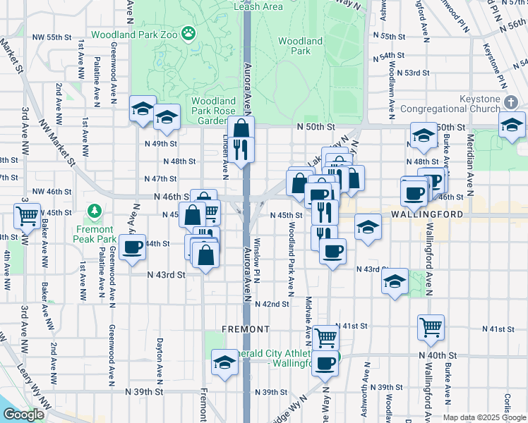 map of restaurants, bars, coffee shops, grocery stores, and more near 922 North 45th Street in Seattle