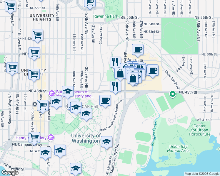 map of restaurants, bars, coffee shops, grocery stores, and more near Burke-Gilman Trail in Seattle