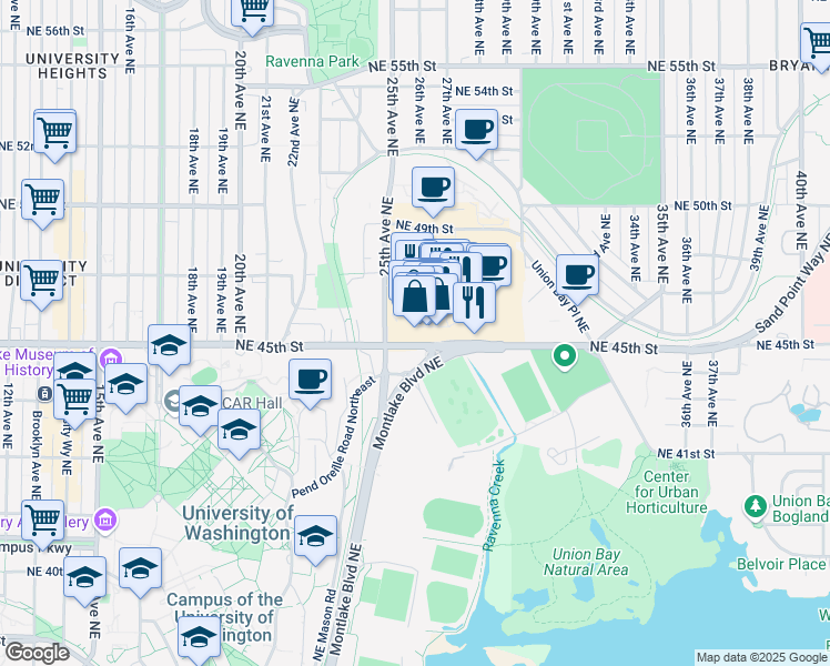 map of restaurants, bars, coffee shops, grocery stores, and more near 2623 Northeast University Village Street in Seattle