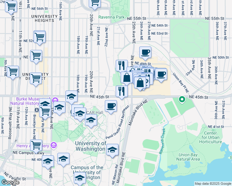 map of restaurants, bars, coffee shops, grocery stores, and more near Burke-Gilman Trail in Seattle