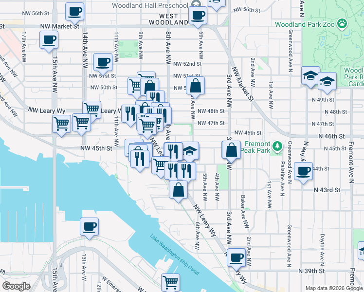 map of restaurants, bars, coffee shops, grocery stores, and more near 614 Northwest 45th Street in Seattle