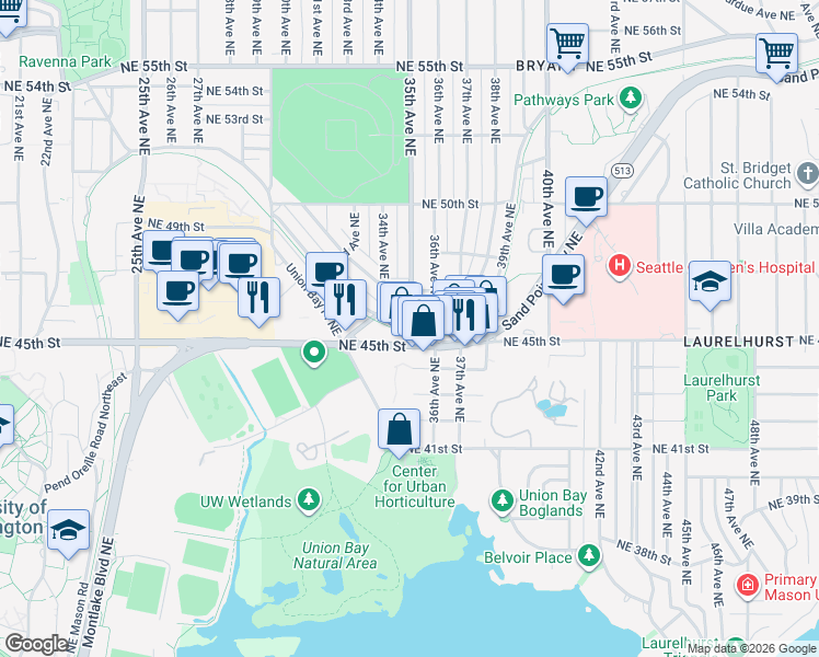 map of restaurants, bars, coffee shops, grocery stores, and more near 35th Avenue Northeast & Northeast Blakeley Street in Seattle