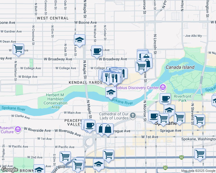 map of restaurants, bars, coffee shops, grocery stores, and more near 1335 West Summit Parkway in Spokane