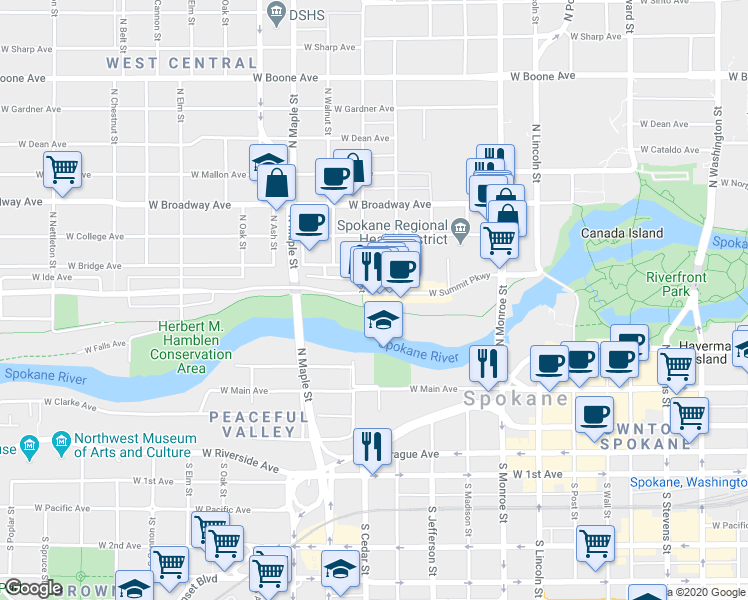 map of restaurants, bars, coffee shops, grocery stores, and more near 1335 West Summit Parkway in Spokane
