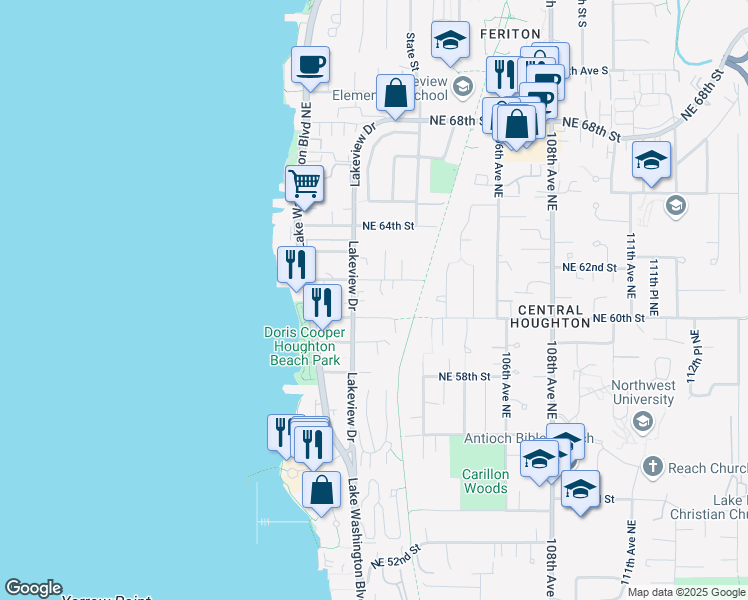 map of restaurants, bars, coffee shops, grocery stores, and more near 10211 Northeast 60th Street in Kirkland