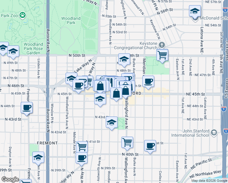 map of restaurants, bars, coffee shops, grocery stores, and more near 4422 Woodlawn Avenue North in Seattle