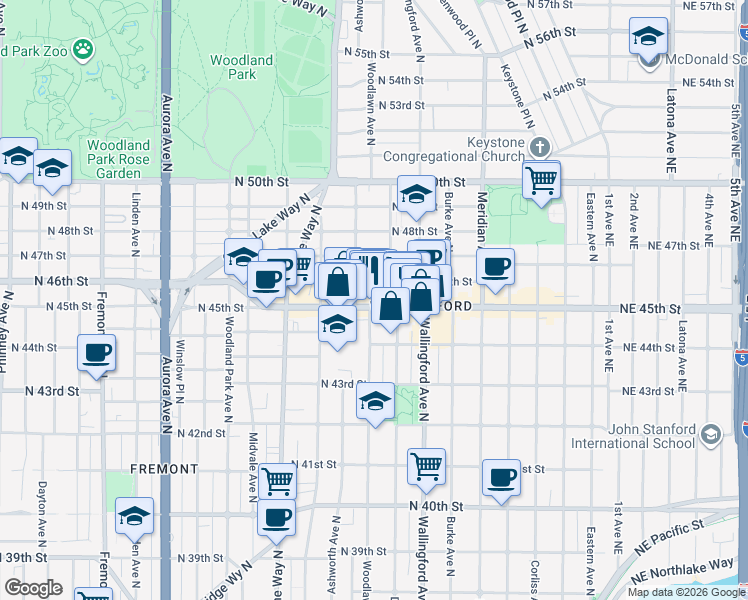 map of restaurants, bars, coffee shops, grocery stores, and more near 4422 Woodlawn Avenue North in Seattle