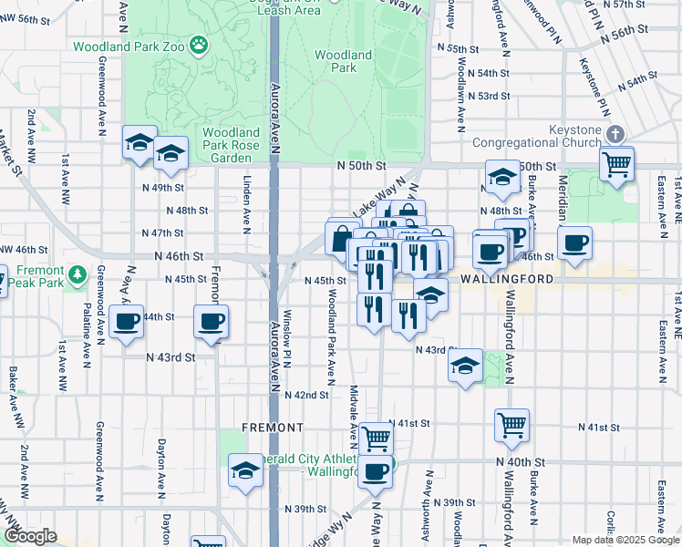 map of restaurants, bars, coffee shops, grocery stores, and more near 4454 Woodland Park Avenue North in Seattle
