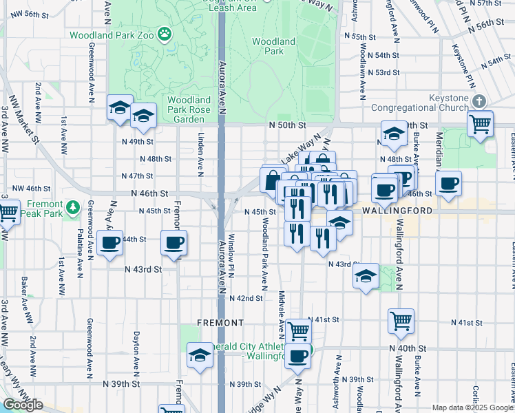 map of restaurants, bars, coffee shops, grocery stores, and more near 4454 Woodland Park Avenue North in Seattle