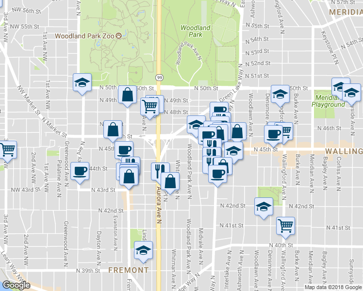 map of restaurants, bars, coffee shops, grocery stores, and more near 4463 Whitman Avenue North in Seattle