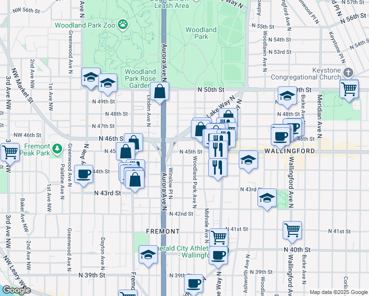 map of restaurants, bars, coffee shops, grocery stores, and more near 4463 Whitman Avenue North in Seattle
