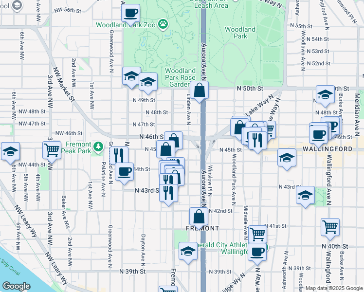 map of restaurants, bars, coffee shops, grocery stores, and more near 4453 Linden Avenue North in Seattle