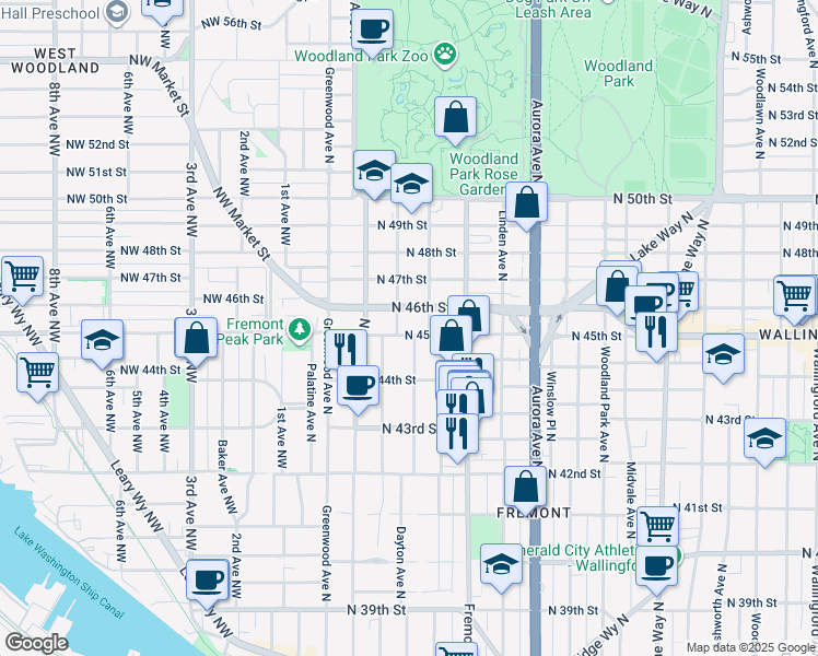 map of restaurants, bars, coffee shops, grocery stores, and more near 4426 Dayton Avenue North in Seattle