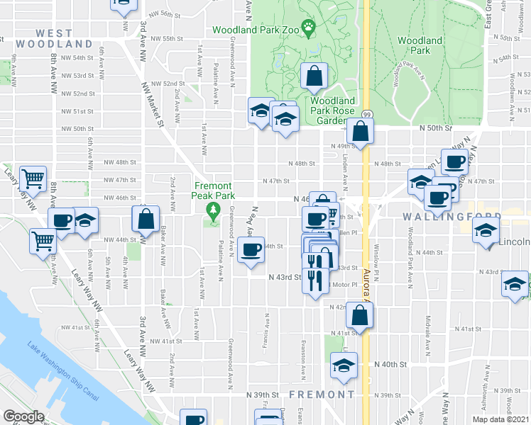 map of restaurants, bars, coffee shops, grocery stores, and more near in Seattle