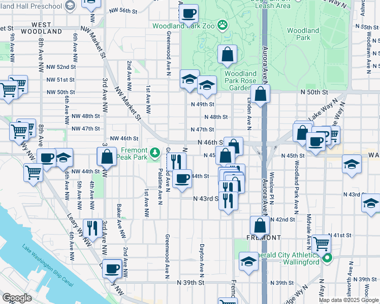 map of restaurants, bars, coffee shops, grocery stores, and more near in Seattle