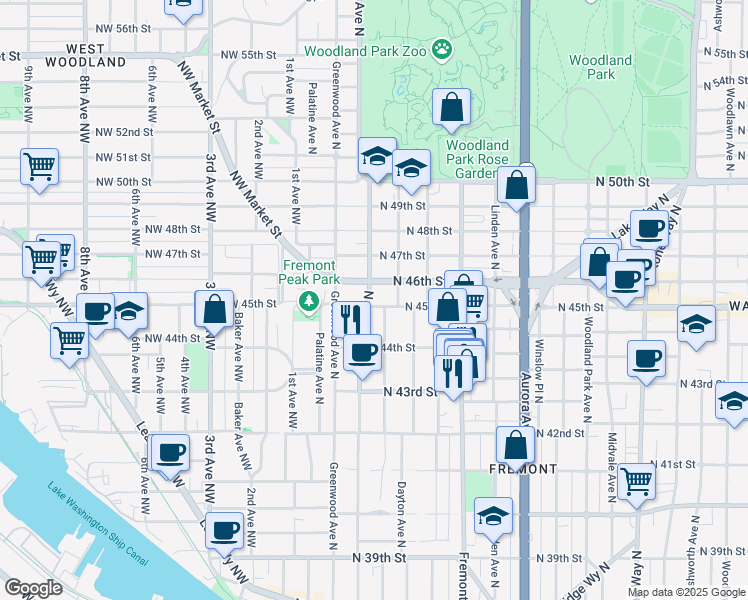 map of restaurants, bars, coffee shops, grocery stores, and more near in Seattle