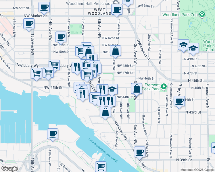 map of restaurants, bars, coffee shops, grocery stores, and more near 632 Northwest 44th Street in Seattle