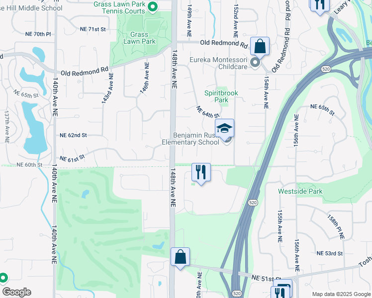 map of restaurants, bars, coffee shops, grocery stores, and more near 6012 148th Court Northeast in Redmond