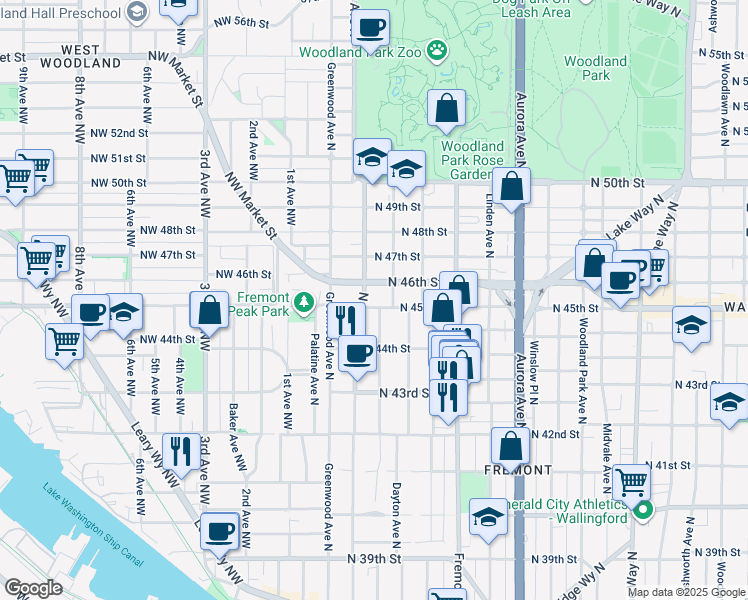 map of restaurants, bars, coffee shops, grocery stores, and more near 4423 Francis Avenue North in Seattle