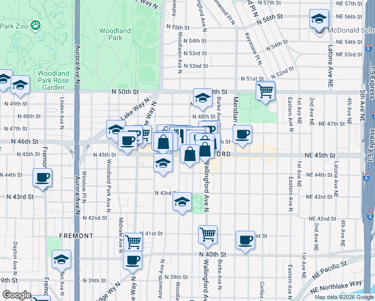 map of restaurants, bars, coffee shops, grocery stores, and more near 1628 North 45th Street in Seattle
