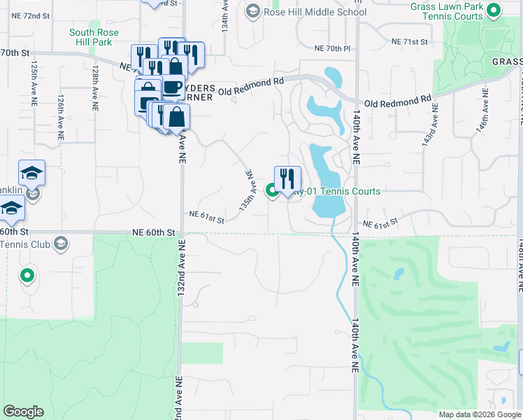 map of restaurants, bars, coffee shops, grocery stores, and more near 6113 136th Avenue Northeast in Kirkland