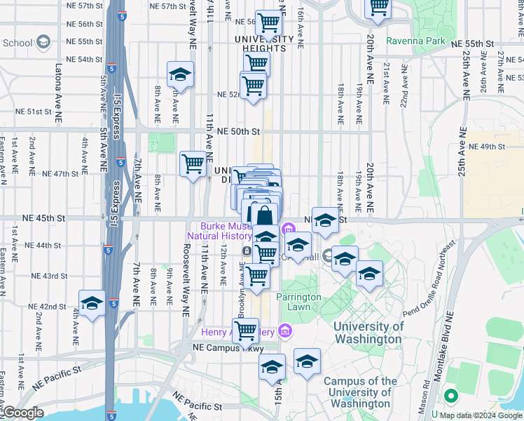 map of restaurants, bars, coffee shops, grocery stores, and more near University Way in Seattle
