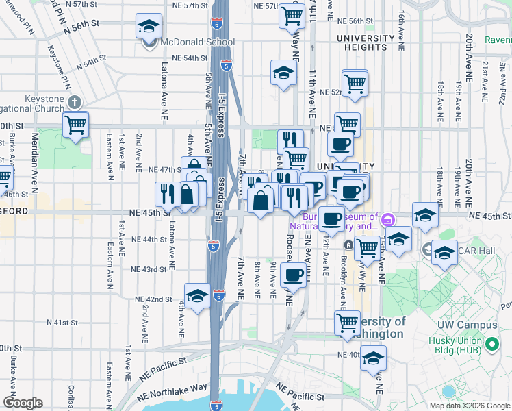 map of restaurants, bars, coffee shops, grocery stores, and more near in Seattle