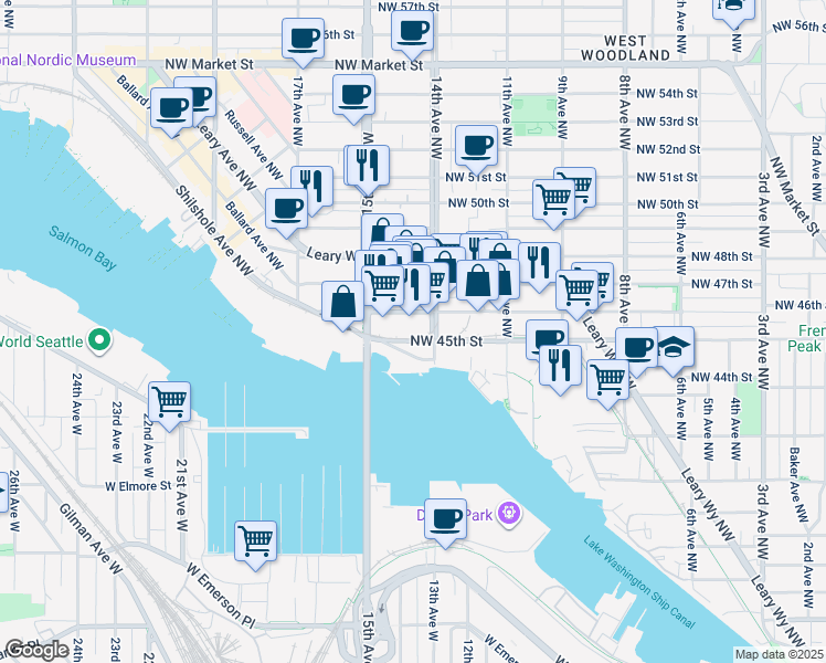 map of restaurants, bars, coffee shops, grocery stores, and more near 4425 Shilshole Ave NW in Seattle