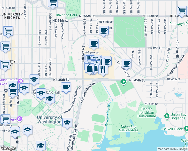 map of restaurants, bars, coffee shops, grocery stores, and more near 2623 Northeast University Village Street in Seattle