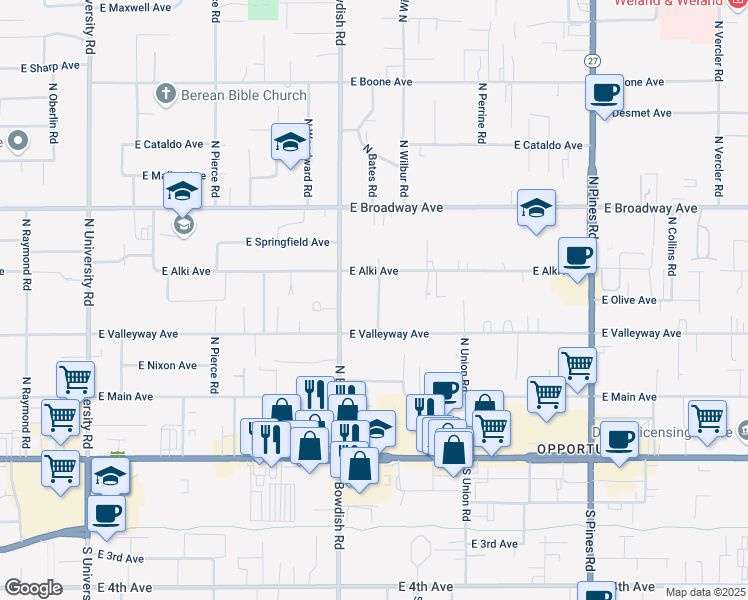map of restaurants, bars, coffee shops, grocery stores, and more near 11523 East Valleyway Avenue in Spokane Valley