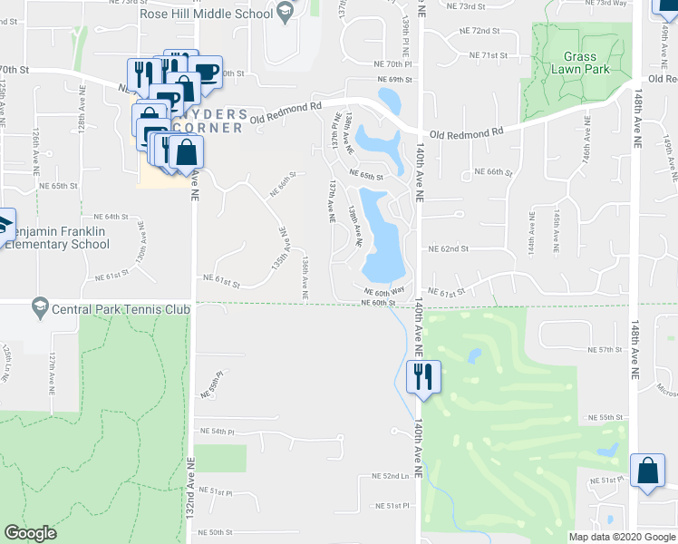 map of restaurants, bars, coffee shops, grocery stores, and more near 13772 Northeast 60th Street in Redmond