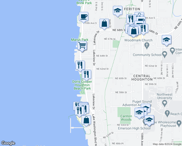 map of restaurants, bars, coffee shops, grocery stores, and more near 10135 Northeast 60th Street in Kirkland