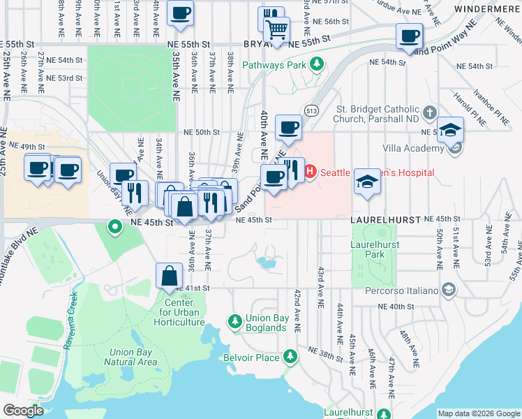 map of restaurants, bars, coffee shops, grocery stores, and more near 4003 Northeast 45th Street in Seattle