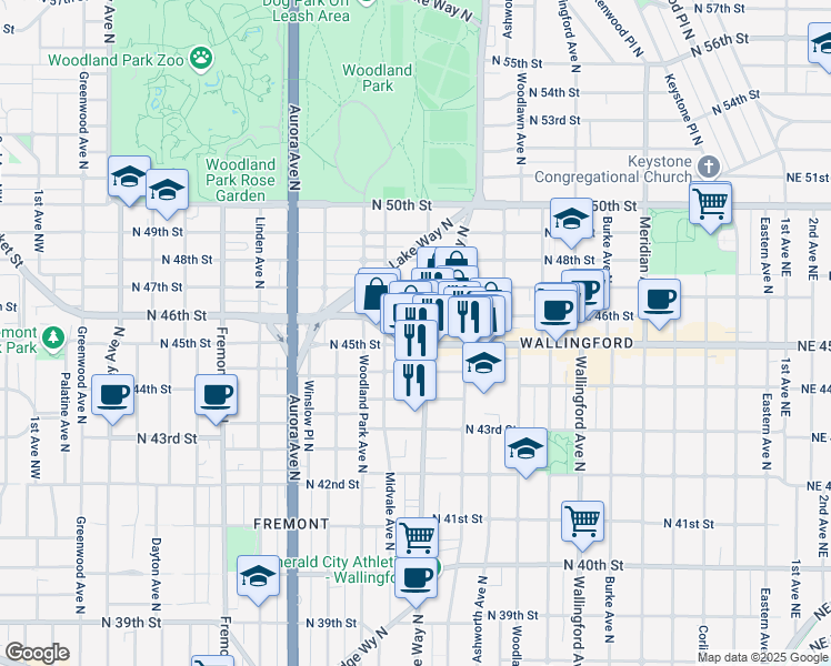 map of restaurants, bars, coffee shops, grocery stores, and more near 1218 North Allen Place in Seattle