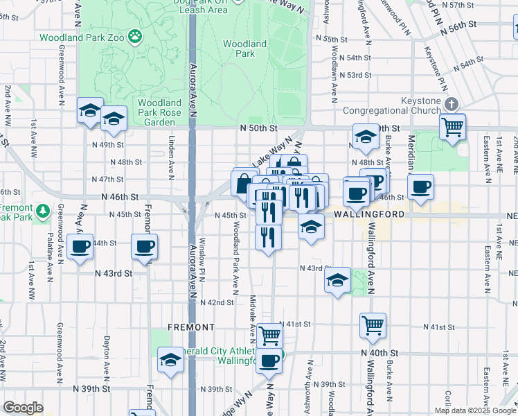 map of restaurants, bars, coffee shops, grocery stores, and more near 1218 North Allen Place in Seattle