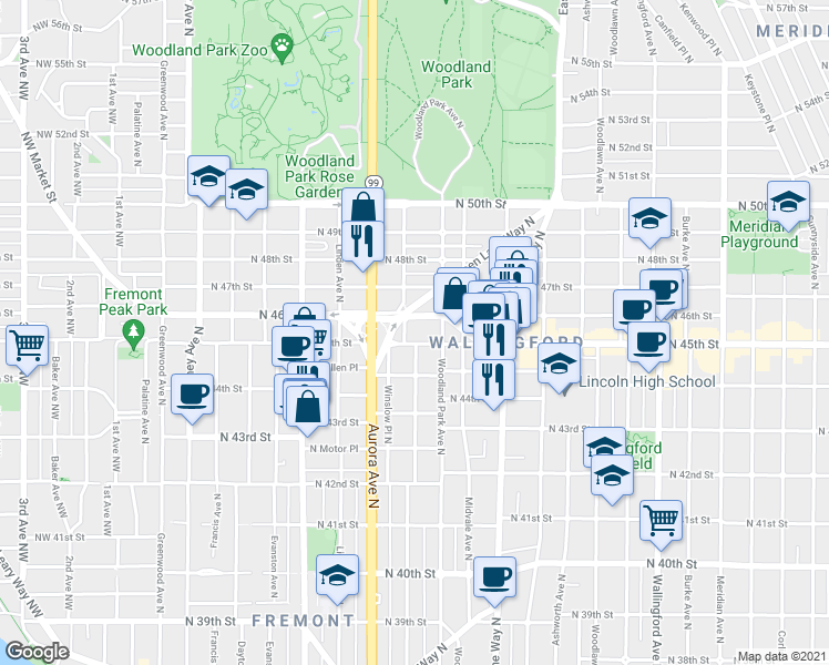 map of restaurants, bars, coffee shops, grocery stores, and more near 4463 Whitman Avenue North in Seattle
