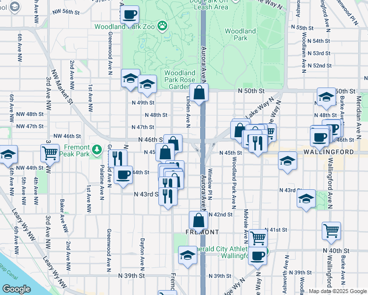 map of restaurants, bars, coffee shops, grocery stores, and more near 4453 Linden Avenue North in Seattle