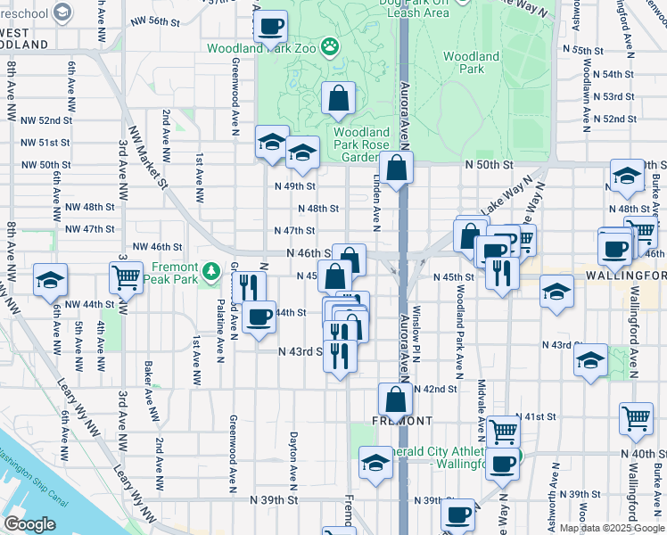 map of restaurants, bars, coffee shops, grocery stores, and more near 4425 Fremont Avenue North in Seattle