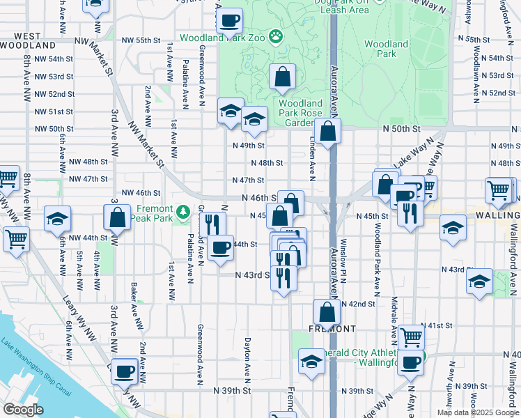 map of restaurants, bars, coffee shops, grocery stores, and more near 4426 Dayton Avenue North in Seattle