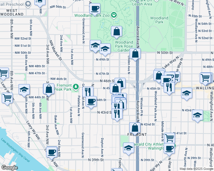 map of restaurants, bars, coffee shops, grocery stores, and more near 4426 Dayton Avenue North in Seattle