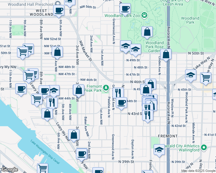 map of restaurants, bars, coffee shops, grocery stores, and more near 4351 Palatine Avenue North in Seattle