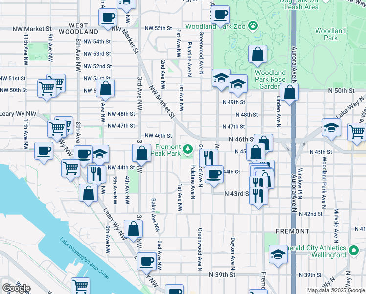 map of restaurants, bars, coffee shops, grocery stores, and more near 4351 Palatine Avenue North in Seattle