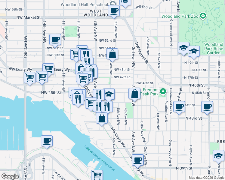 map of restaurants, bars, coffee shops, grocery stores, and more near 4416 6th Avenue Northwest in Seattle