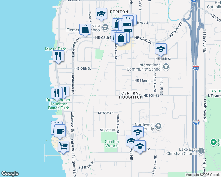 map of restaurants, bars, coffee shops, grocery stores, and more near 6026 105th Avenue Northeast in Kirkland