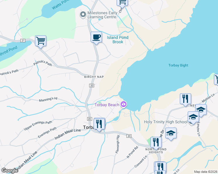 map of restaurants, bars, coffee shops, grocery stores, and more near 3 Moores Valley Road in Torbay