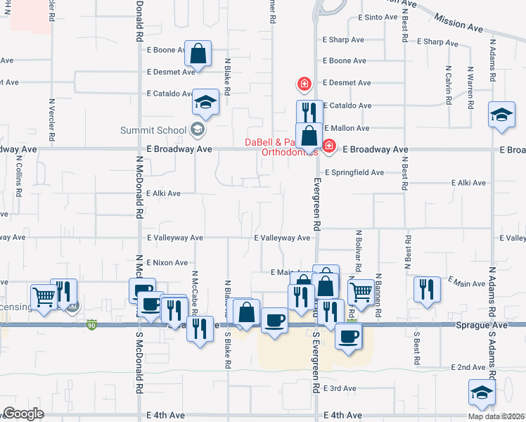 map of restaurants, bars, coffee shops, grocery stores, and more near 13617 East Olive Lane in Spokane Valley